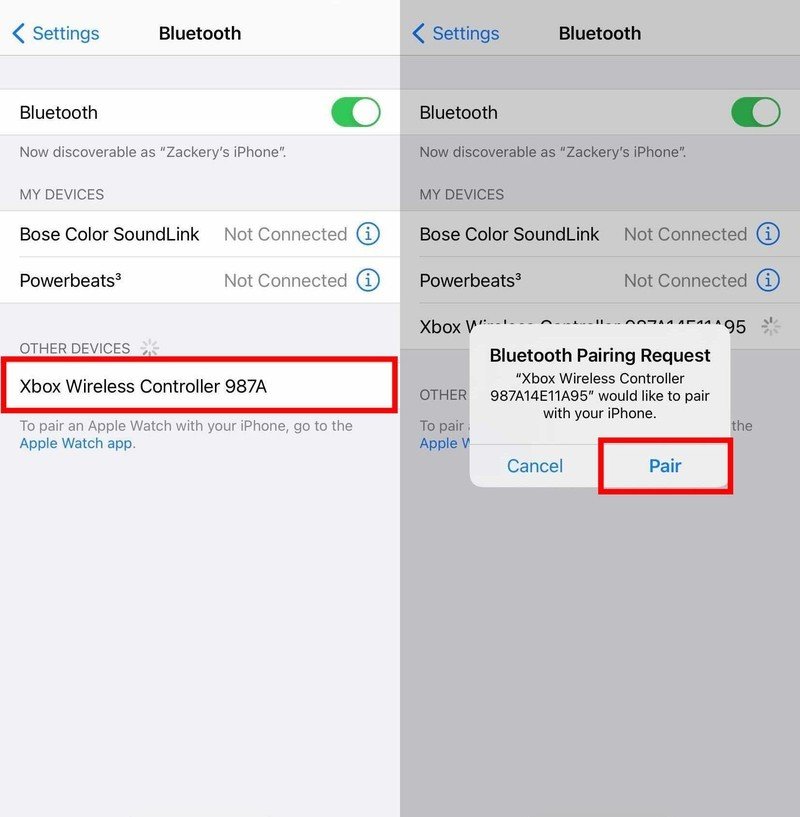 Comment utiliser un contrôleur Xbox One ou Series X | S avec iPhone ou iPad: attendez que le contrôleur Xbox apparaisse sous Autres appareils, appuyez sur le contrôleur Xbox pour le coupler avec votre appareil.